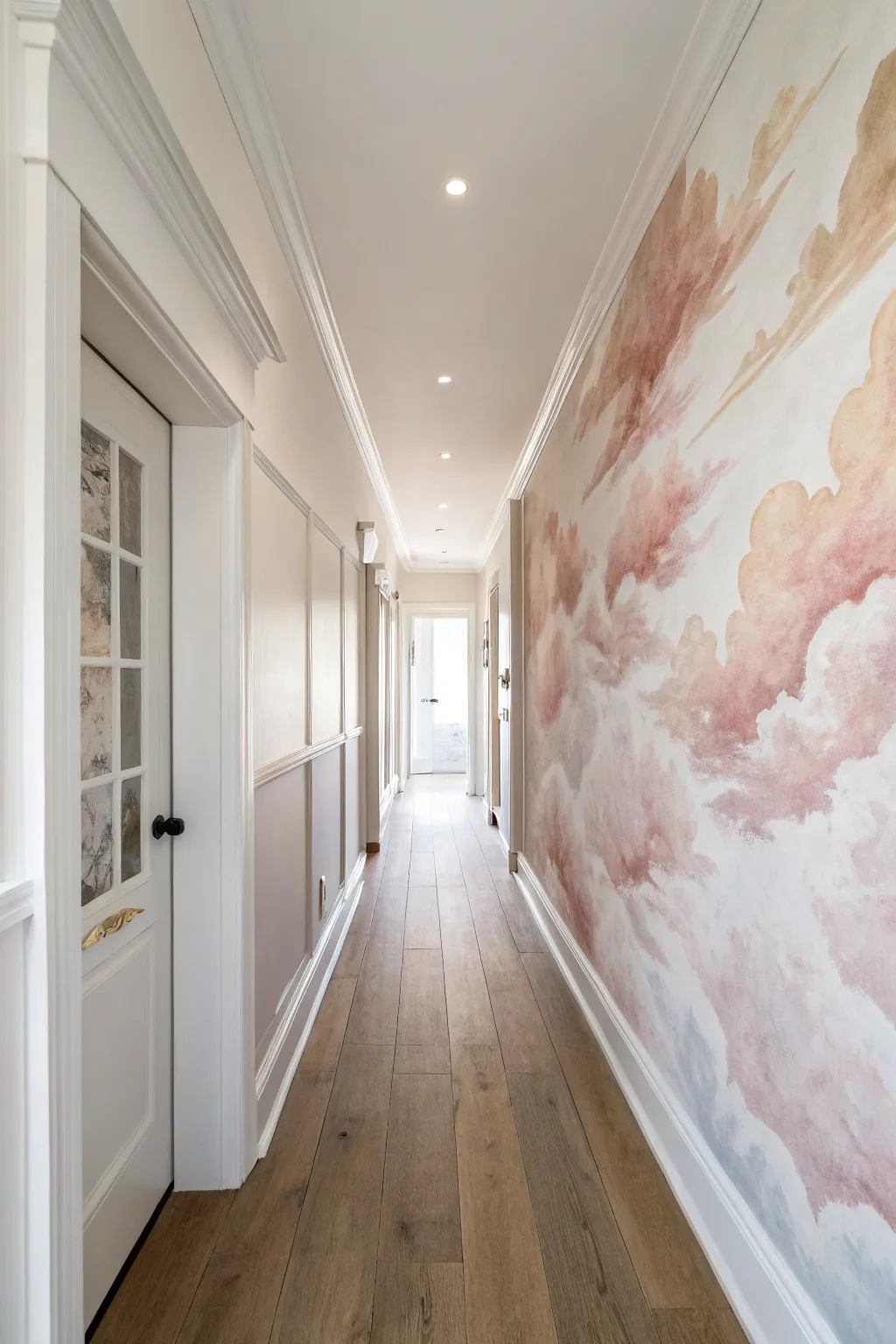 Dreamy watercolor cloud wash mural that brightens a narrow hall with soft, bold pigment.