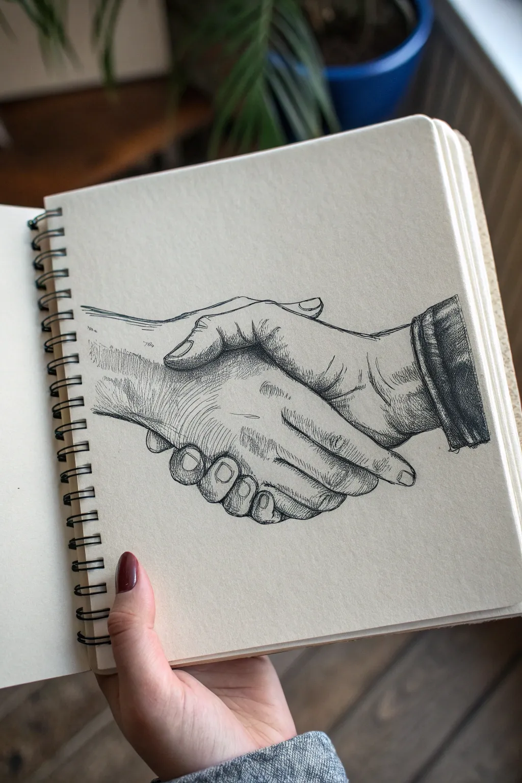 Interlocking handshake study in crisp graphite with a bold cobalt wash, minimalist and serene