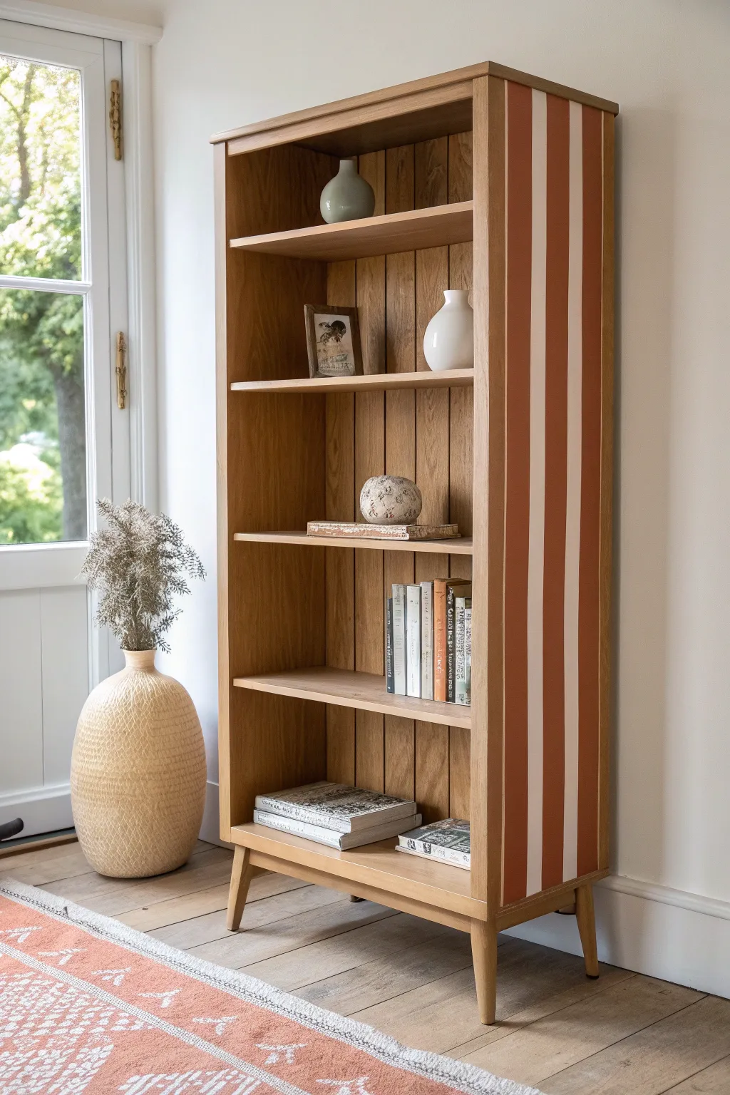 Minimal striped back panel makes this hand-painted bookcase feel fresh, modern, and calm