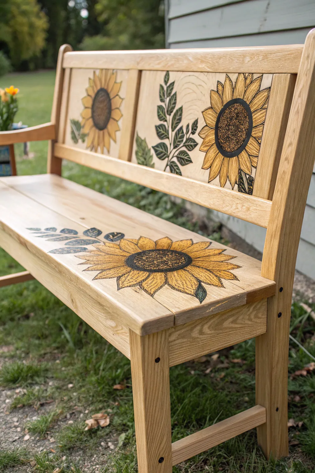 Bold sunflowers on a minimalist bench backrest, a cheerful handcrafted statement for any entryway