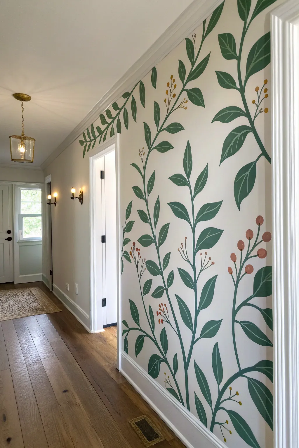 Hand-painted climbing vine mural in a bright hallway, minimalist with a bold boho touch