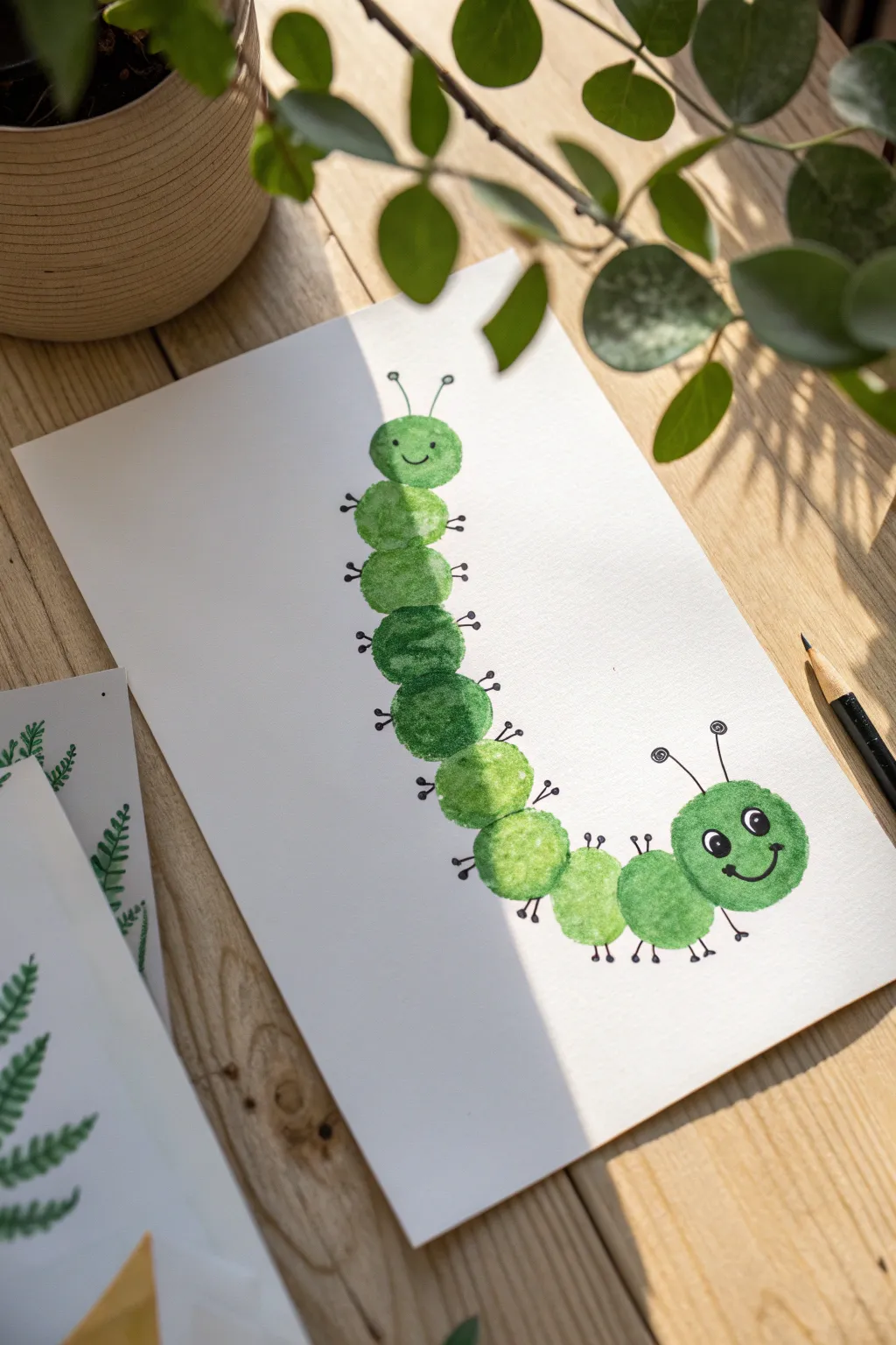 Bright green handprint caterpillar on crisp white paper, minimalist and playful toddler art