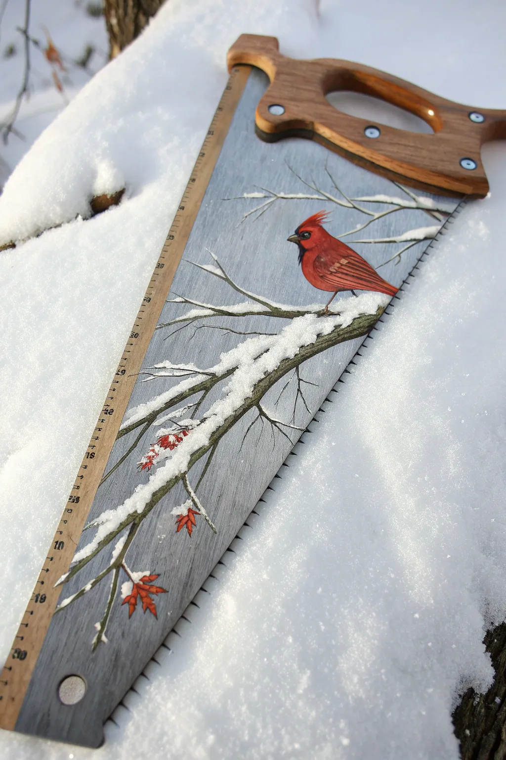Bright red cardinal on a snowy branch, painted on a hand saw for crisp winter boho charm