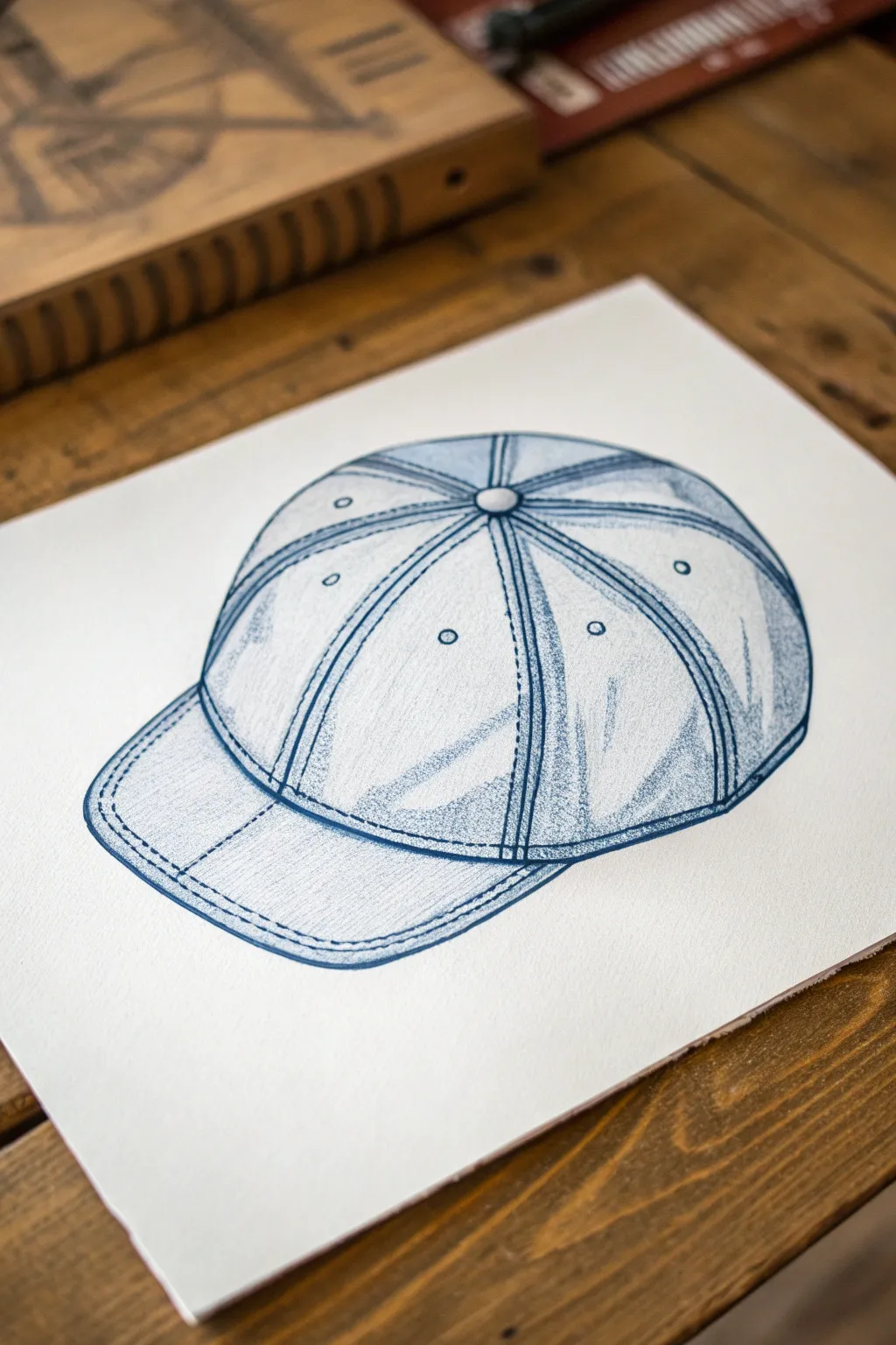 Draw a newsboy cap with curved panel seams radiating from the top button and a short brim.