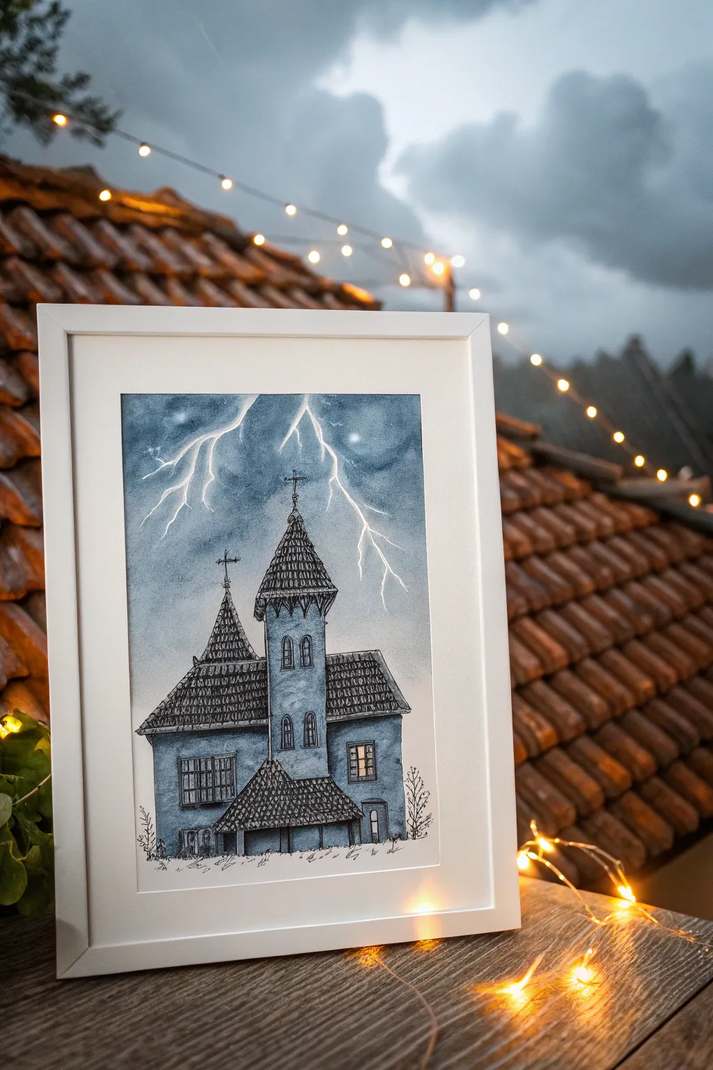Lightning behind the roofline: stormy haunted house drawing idea with bold contrast and clean lines