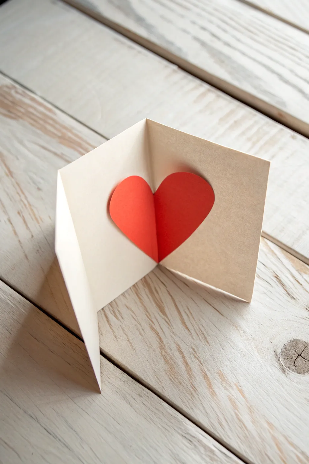 Minimal pop-up heart card in bold coral, clean Scandinavian styling, handmade surprise.