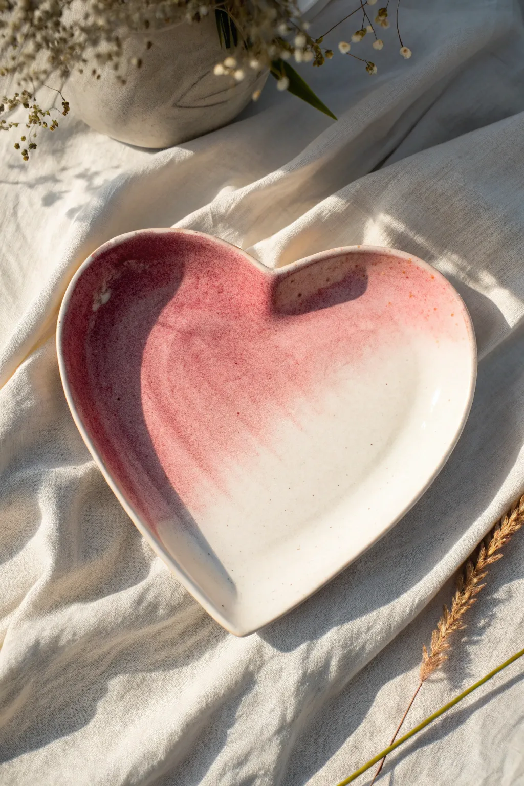 Soft blush-to-raspberry ombre heart plate, minimalist flat lay with airy Scandinavian-boho vibes