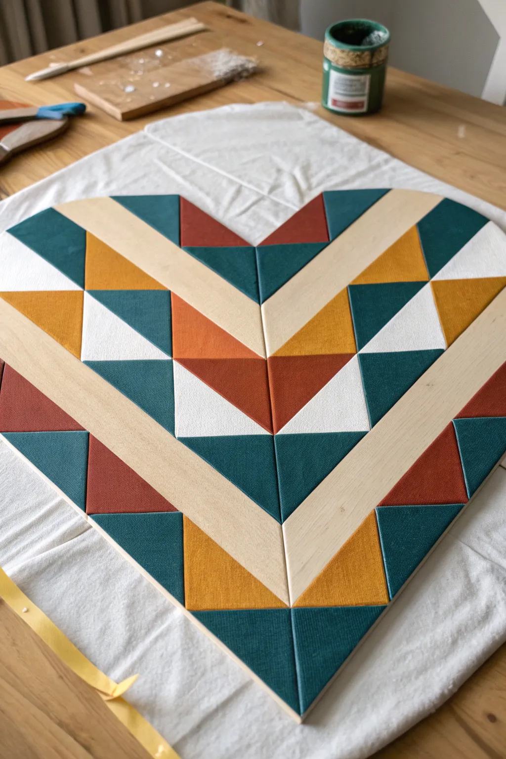 Tape-resist heart canvas with bold geometric blocks and a satisfying clean-line reveal