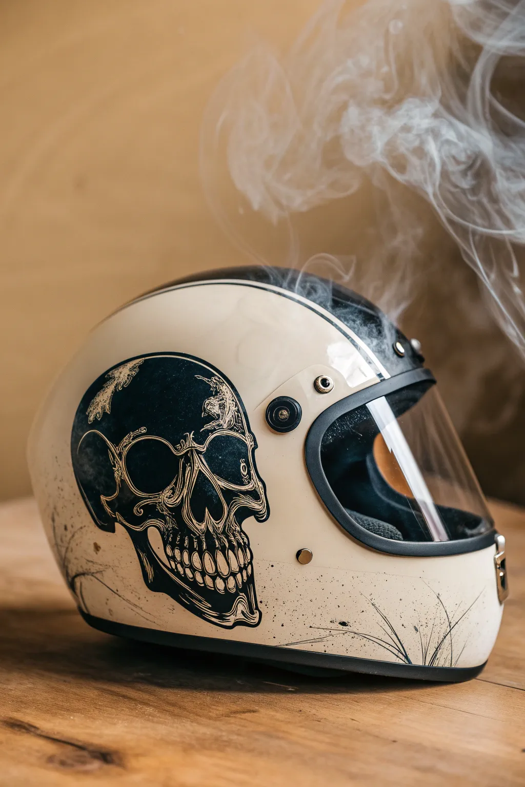 Skull and smoke side panels on a minimalist matte helmet with bold, airy contrast