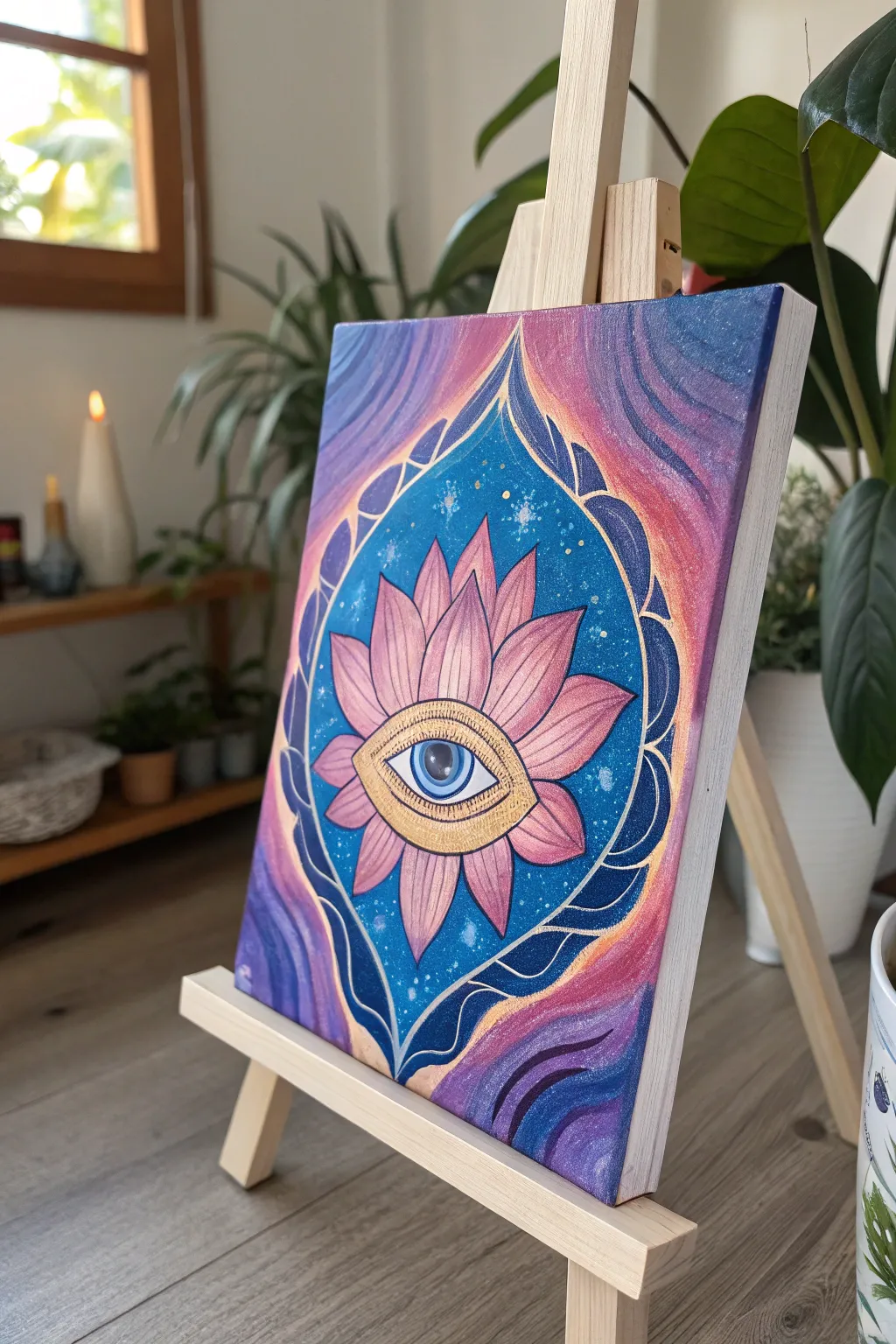 Third Eye in Bloom: a vibrant lotus eye painting with soft aura rings on clean linen backdrop