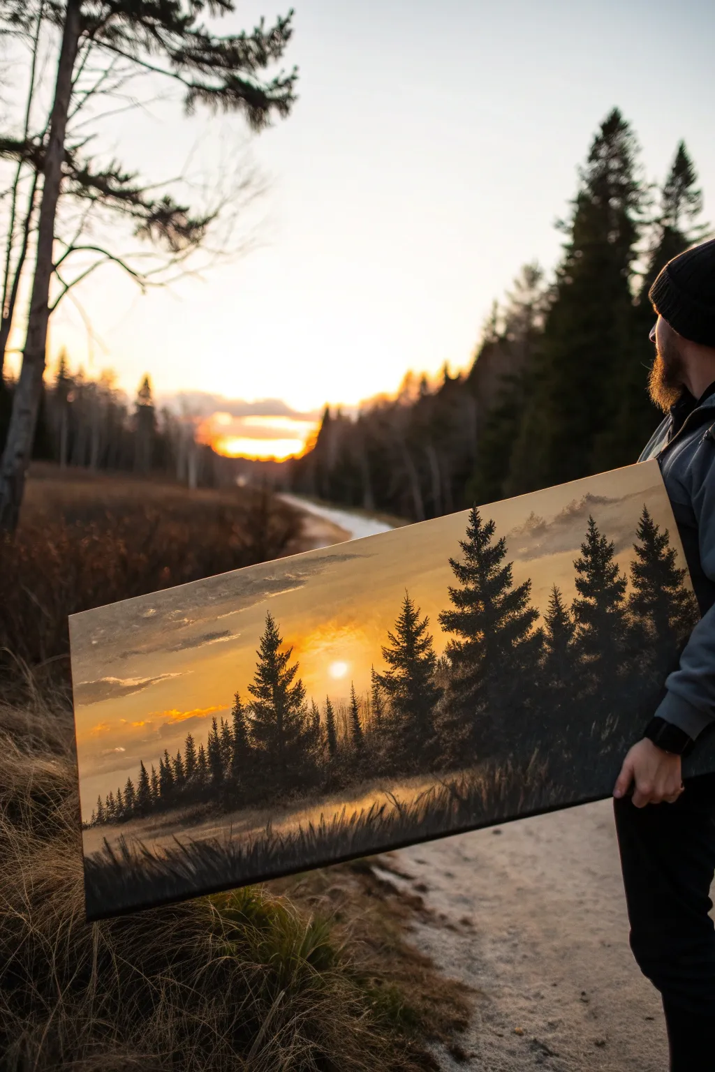 Wide forest edge at golden hour, bold contrast on a long horizontal canvas for modern calm.