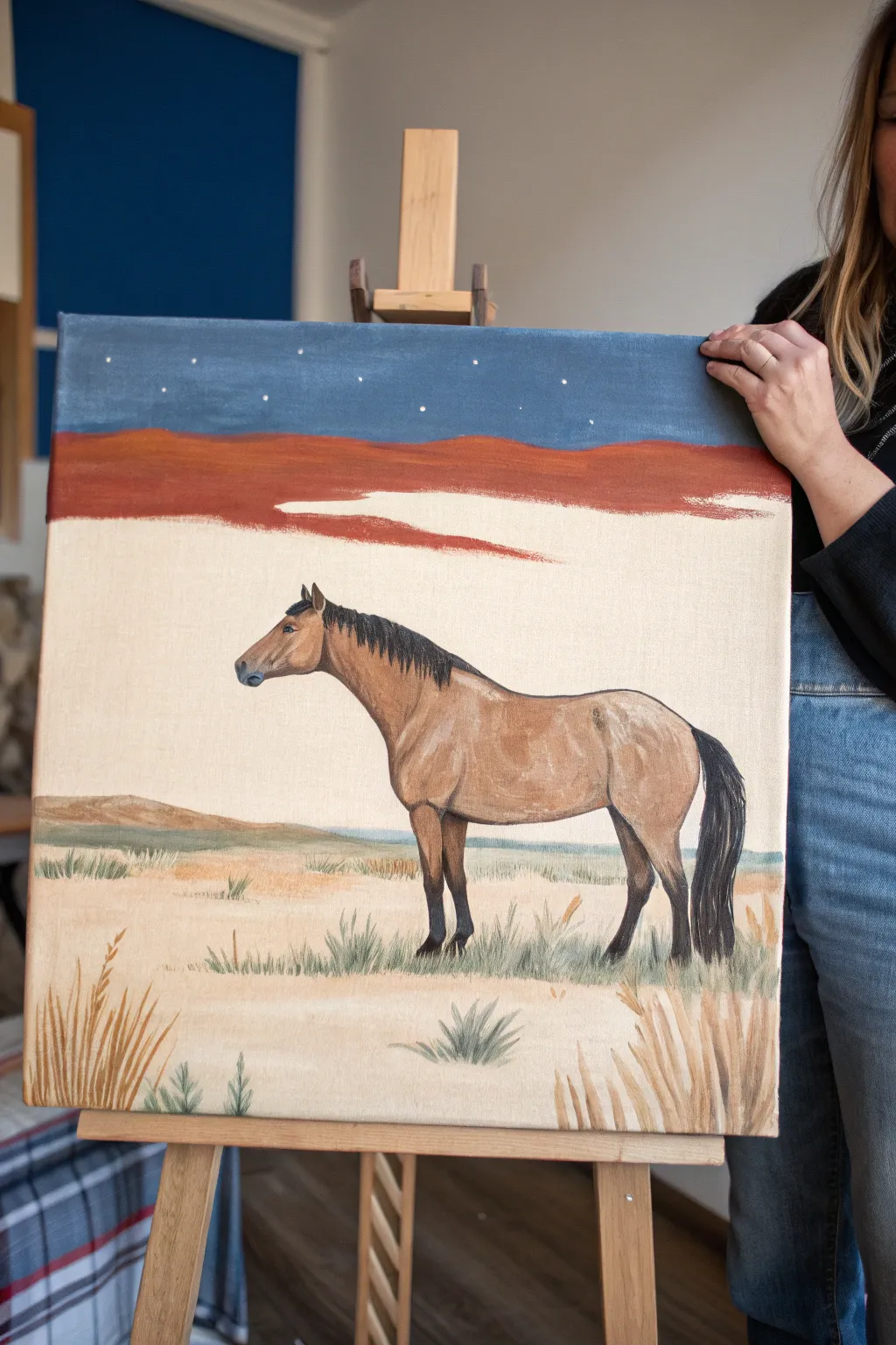 Minimal full-body standing horse painting with a simple field scene and calm, modern color contrast