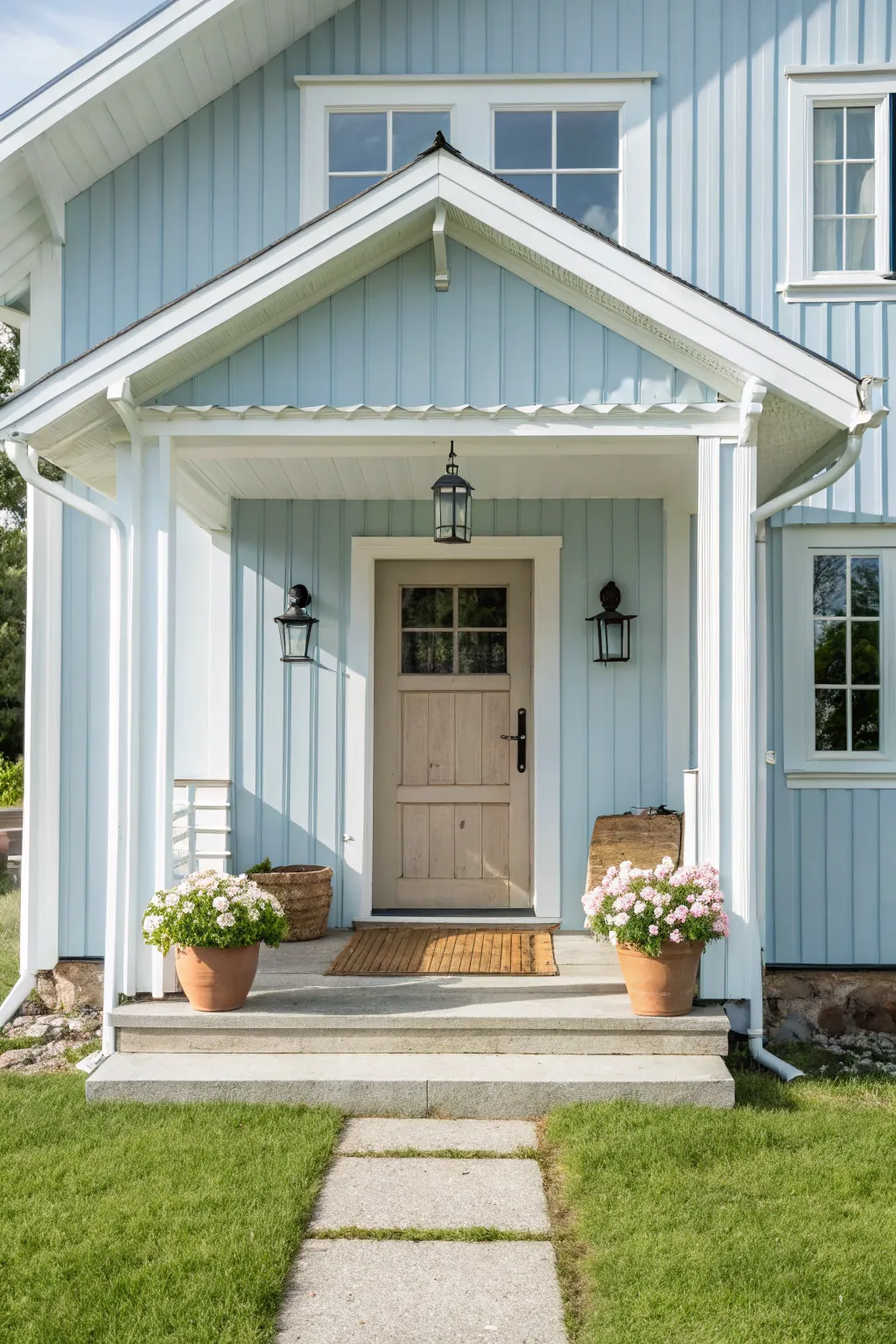 Soft blue siding and crisp white trim for a fresh, airy curb appeal with modern charm