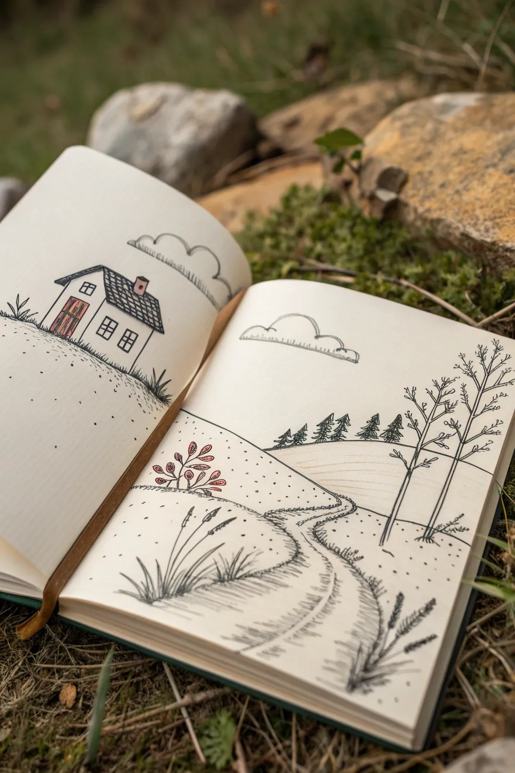 Minimal house-on-a-hill sketch with a winding path, clean lines, and warm boho color pops.