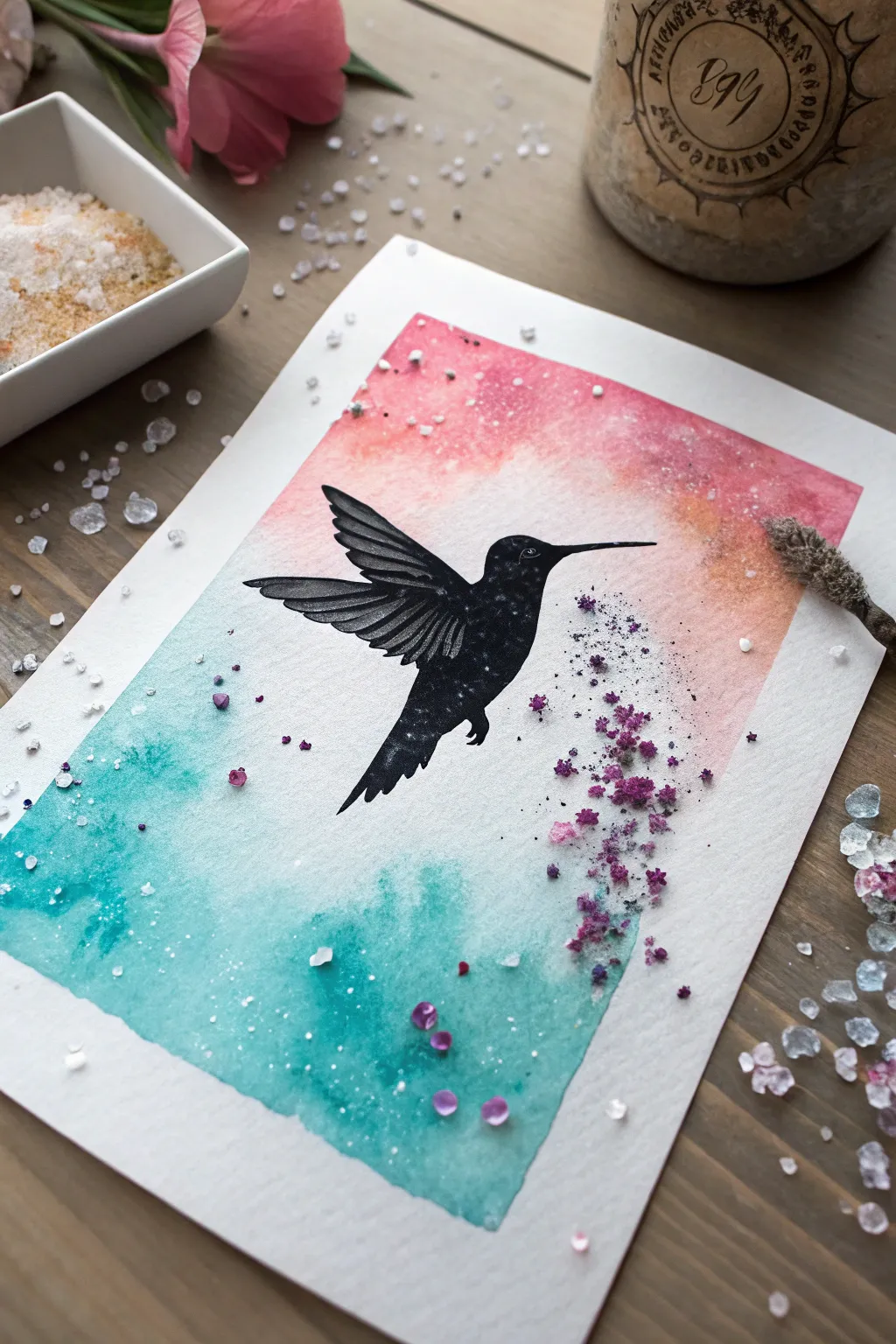 Bold hummingbird silhouette over vibrant salt-textured watercolor wash for easy shimmer effects.