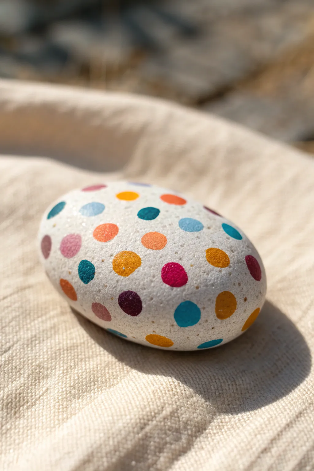 Confetti polka-dot rock with bold multicolor dots, a joyful easy dot-painting idea to copy.