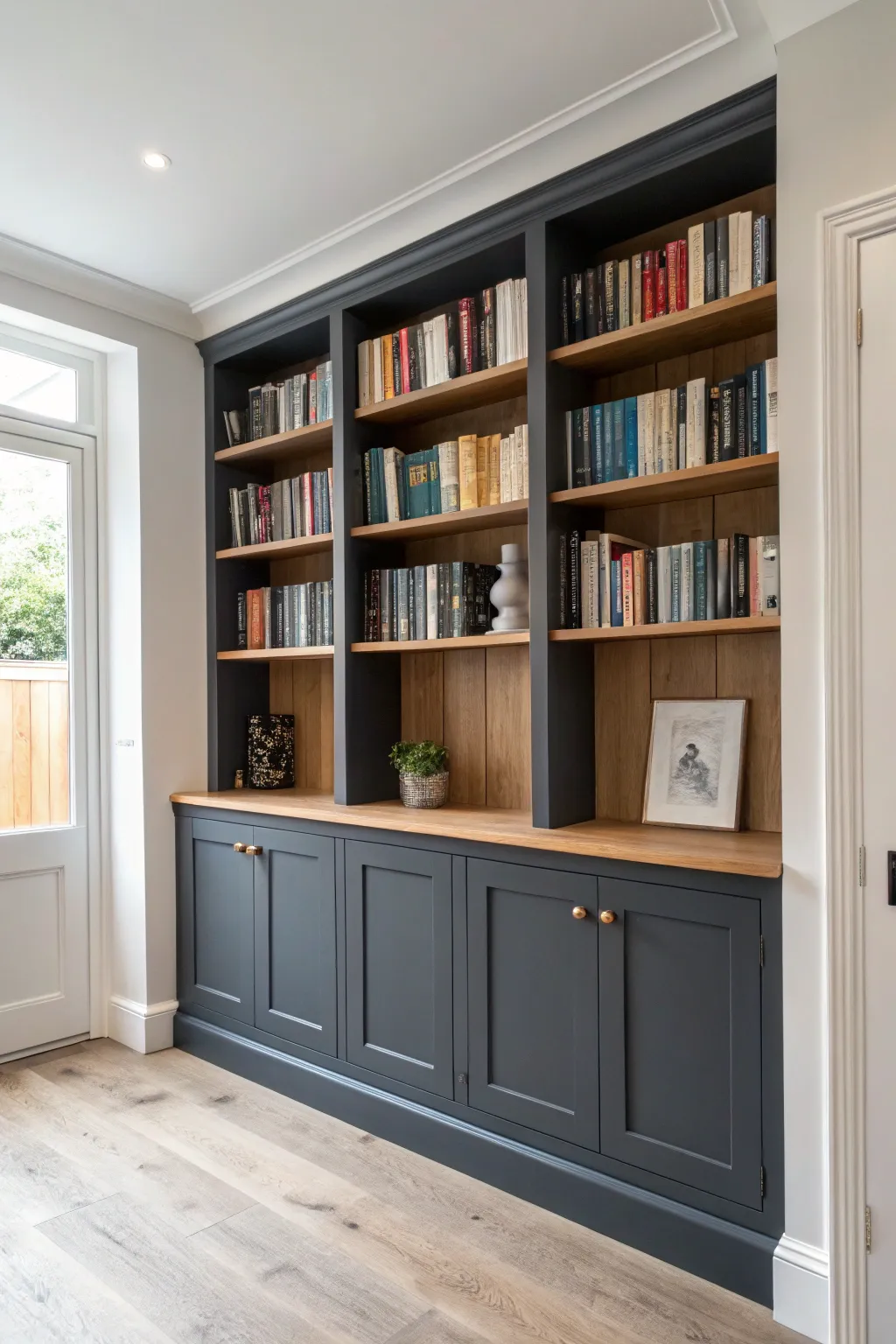 Dark lower cabinets with light upper shelves for a bold, modern built-in bookshelf paint idea