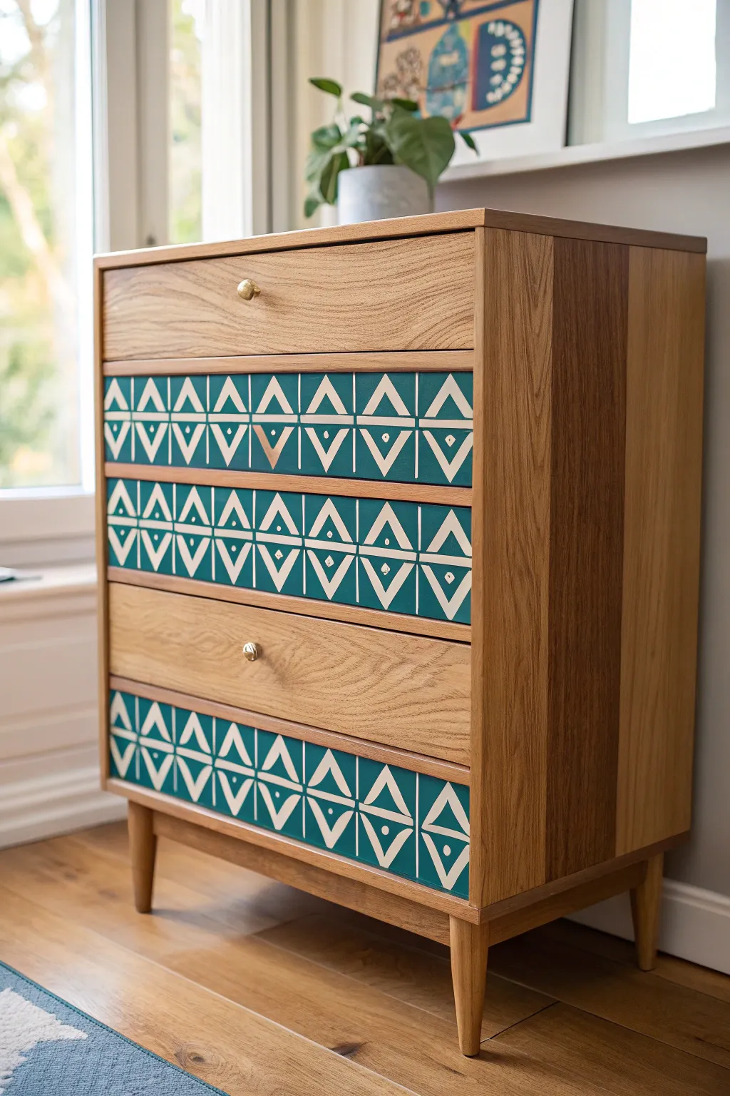 Patrón stencil simple en frentes de cajón: contraste bonito y acabado artesanal en madera