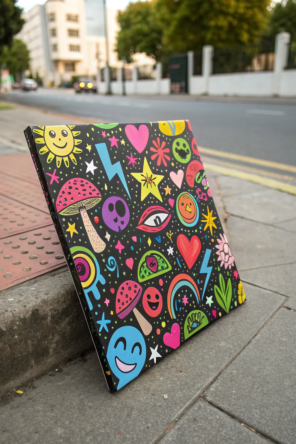 Neon sticker-bomb indie doodle canvas idea: tiny icons, bold outlines, high-contrast vibes