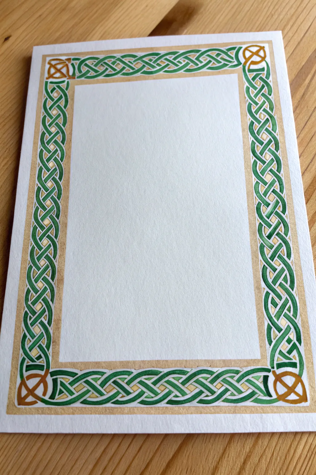 Deep green and warm gold Celtic knot border framing a calm blank center, minimalist Irish painting idea.