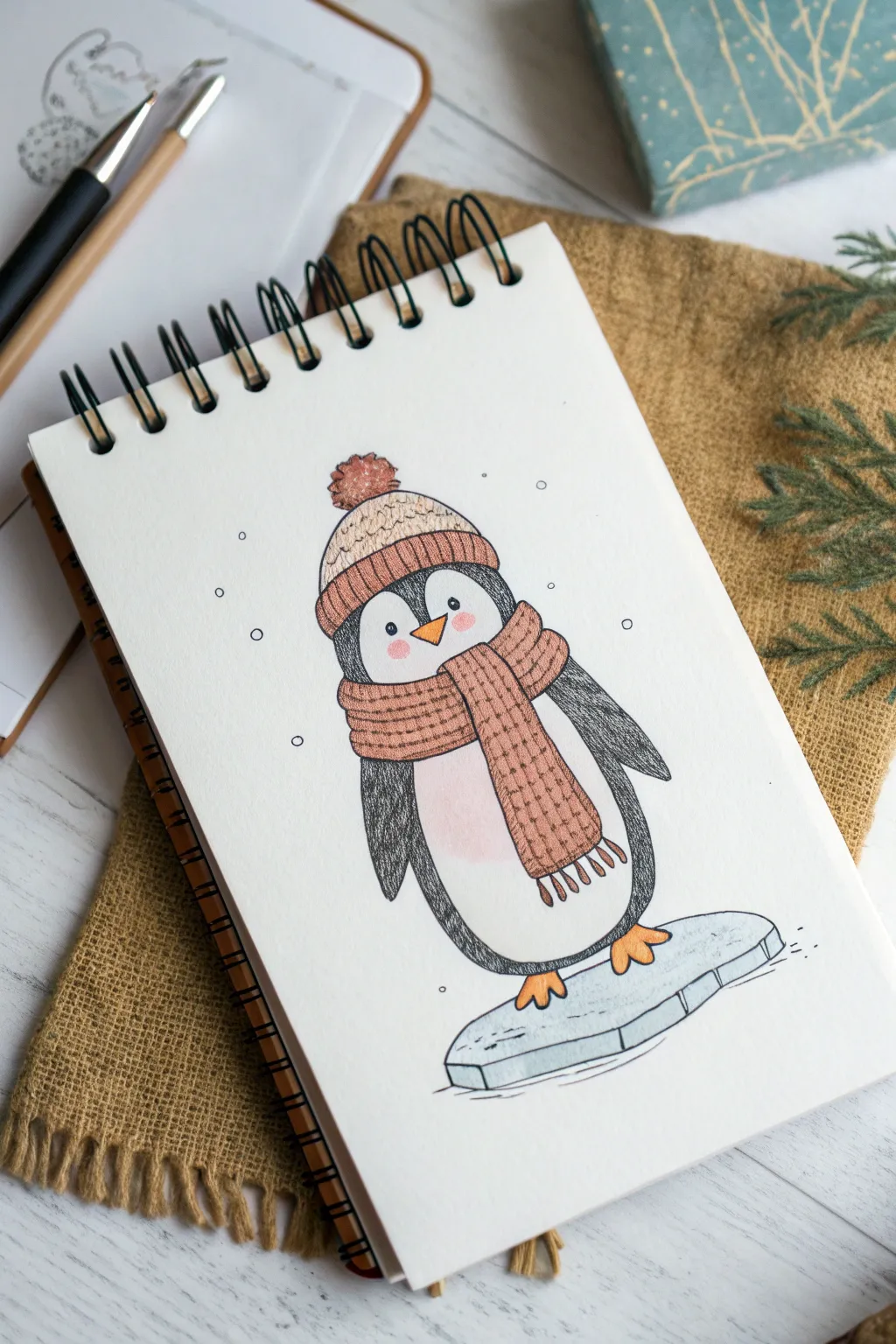 Draw a cozy January penguin with a bold scarf, tiny hat, and sweet blush cheeks.