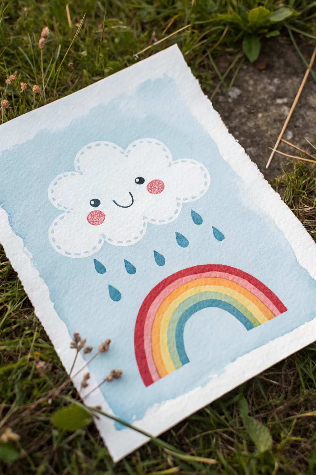 Paint a smiling cloud with tiny raindrops and a mini rainbow for an easy kawaii scene.