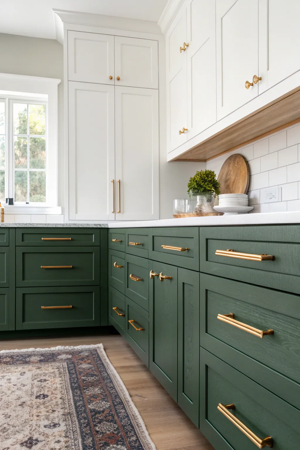 Stacked upper cabinets under a soffit add classic height and smart storage in a calm kitchen.