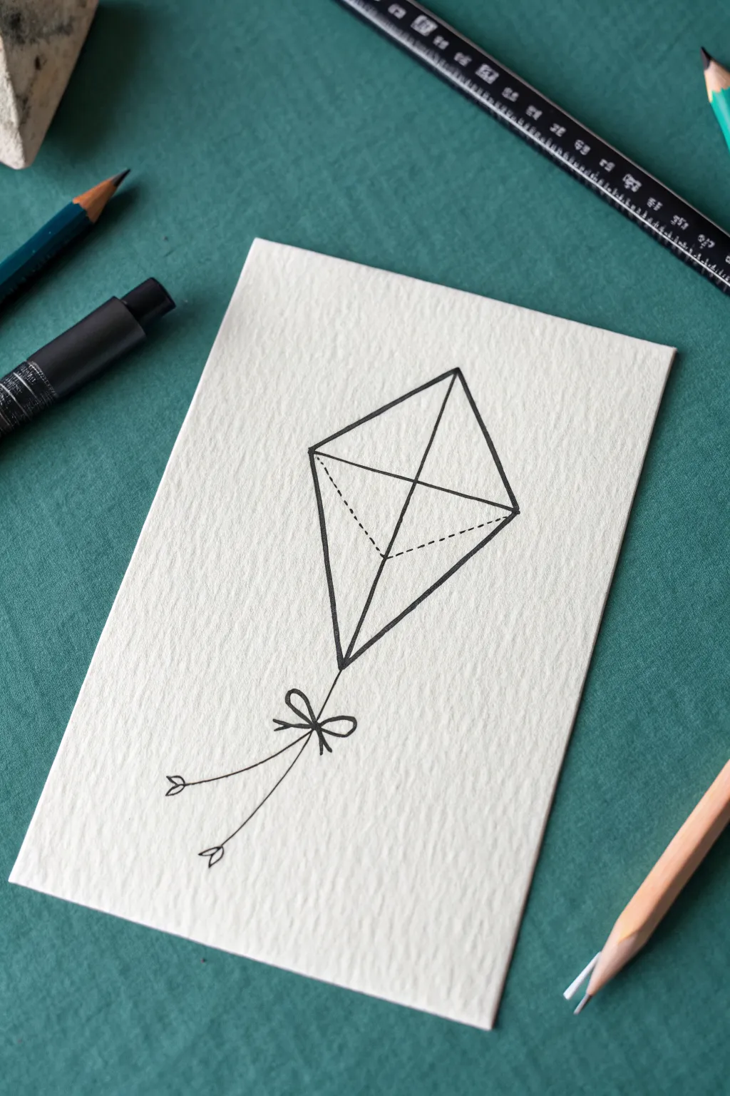 Bold marker kite with soft pencil shading for depth, a clean minimalist drawing idea to copy.