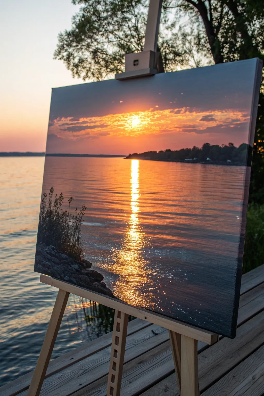 Glittering sunset path over dark lake water, bold contrast and simple strokes for painting ideas
