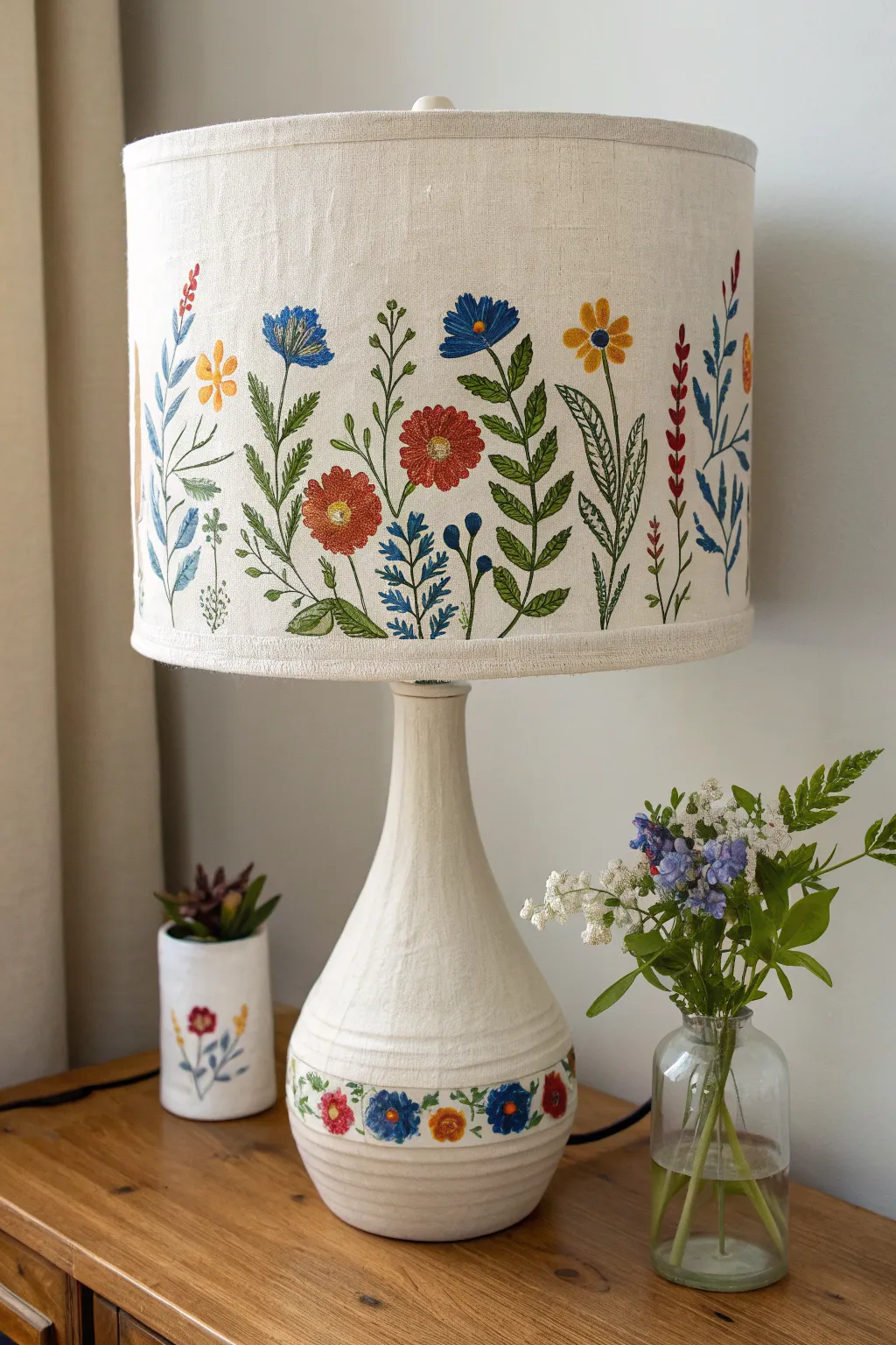 Hand-painted wildflower garland band adds bold boho charm to a clean Scandinavian lampshade.