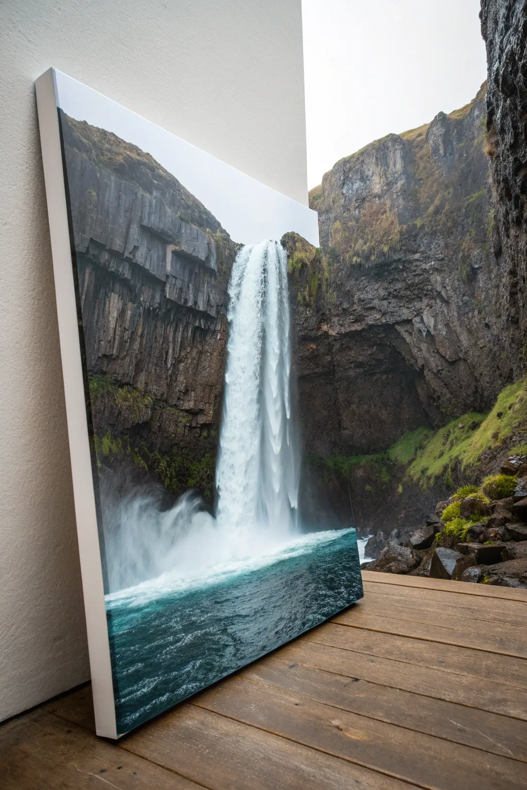 Misty waterfall meets dark stone, a bold minimalist landscape painting idea with boho calm