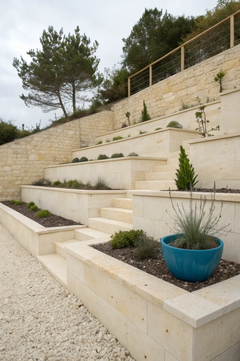 Terraced retaining wall in midday sun, crisp shadows and plant pockets to inspire slope design.