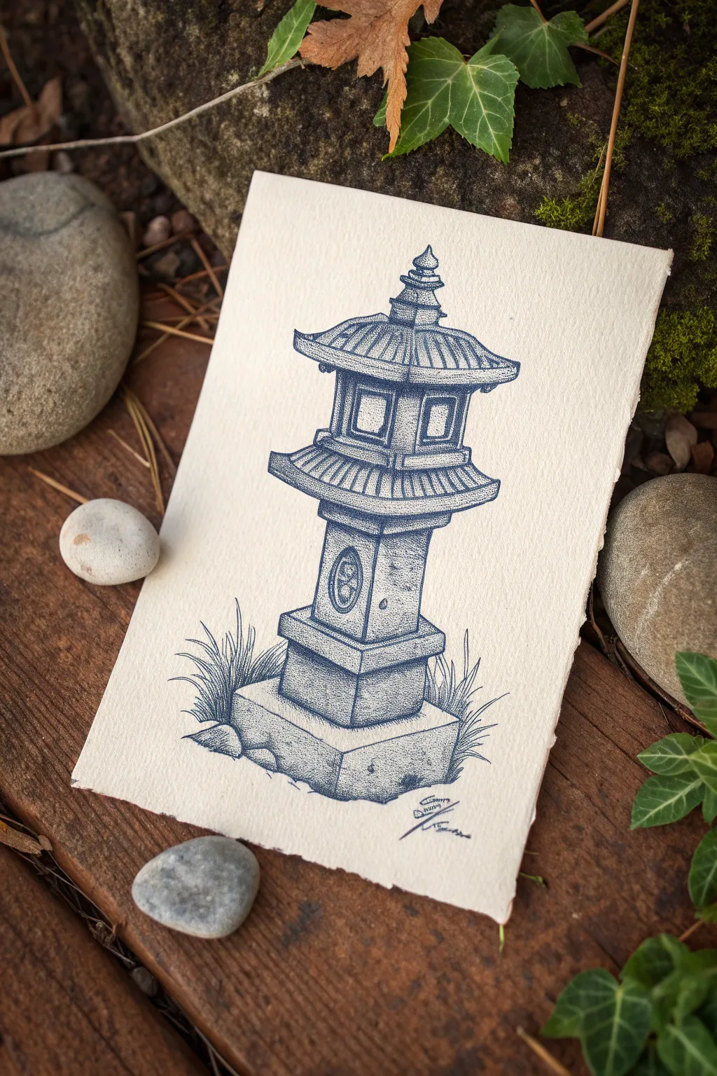 Minimal ink stone lantern drawing with bold indigo wash, calming Scandinavian-boho garden vibe
