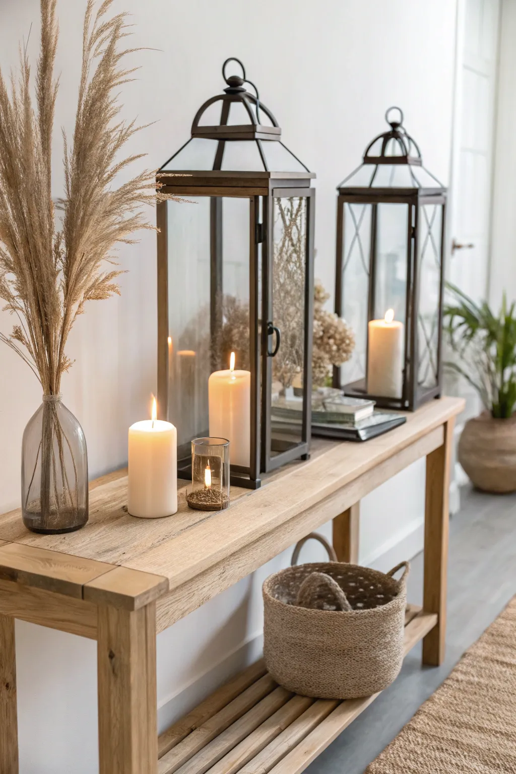 A matching lantern pair frames your console table with warm glow and calm Scandinavian symmetry.