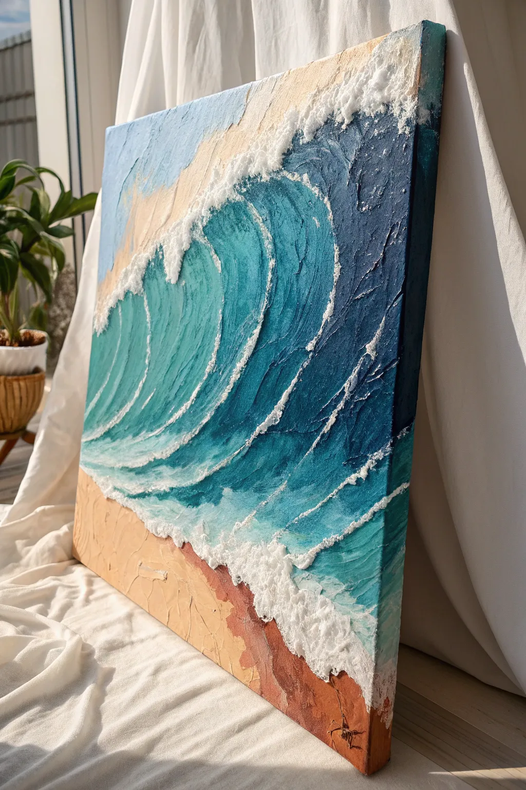 Palette knife impasto waves on a large canvas, bold color and real texture in raking light