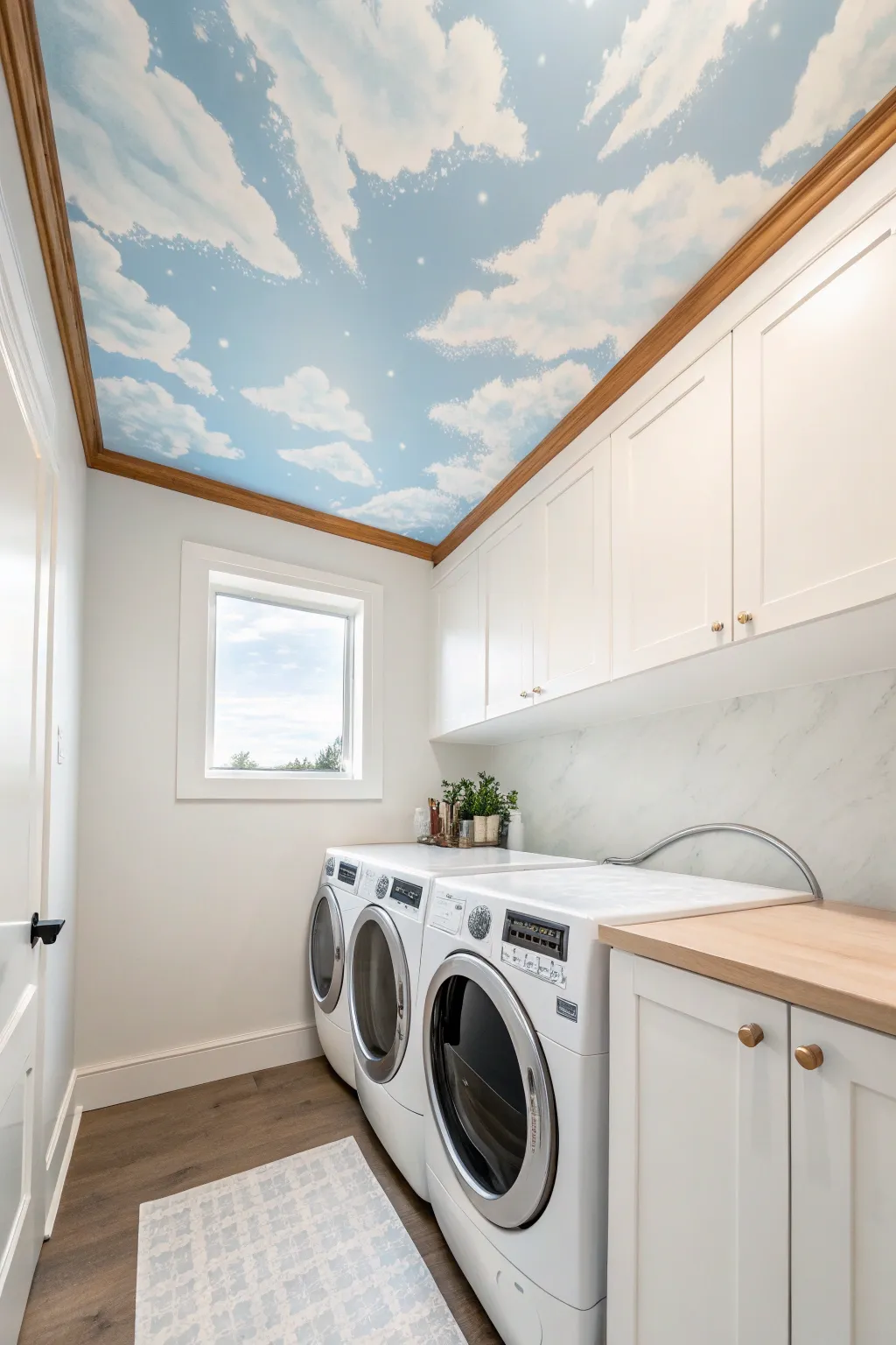 Sky-blue ceiling with floating clouds to make a small laundry room feel taller and brighter