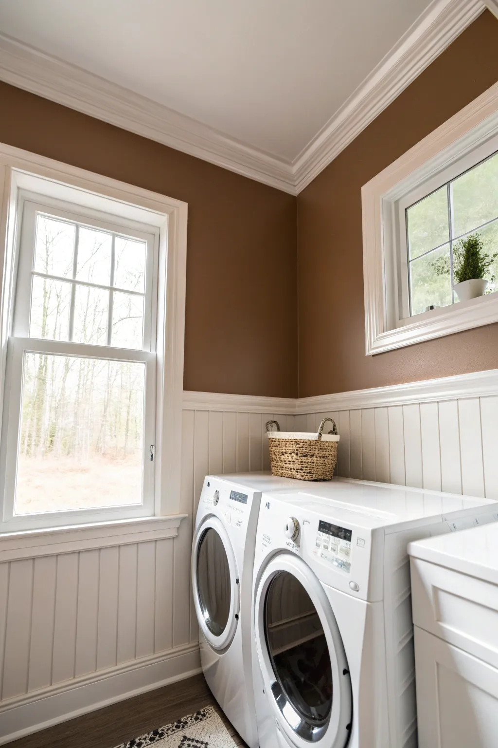 Crisp white ceiling and trim framing a deeper wall shade for a seamless, intentional laundry room look