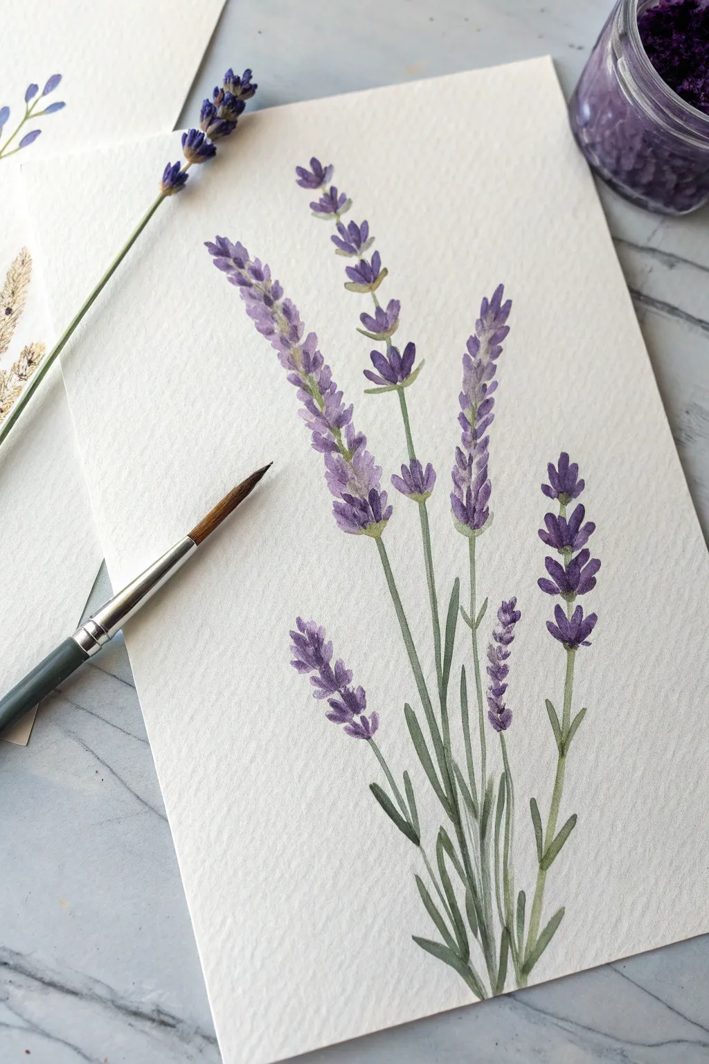Cotton swab dabbing builds lavender buds with depth using three purples on clean white paper