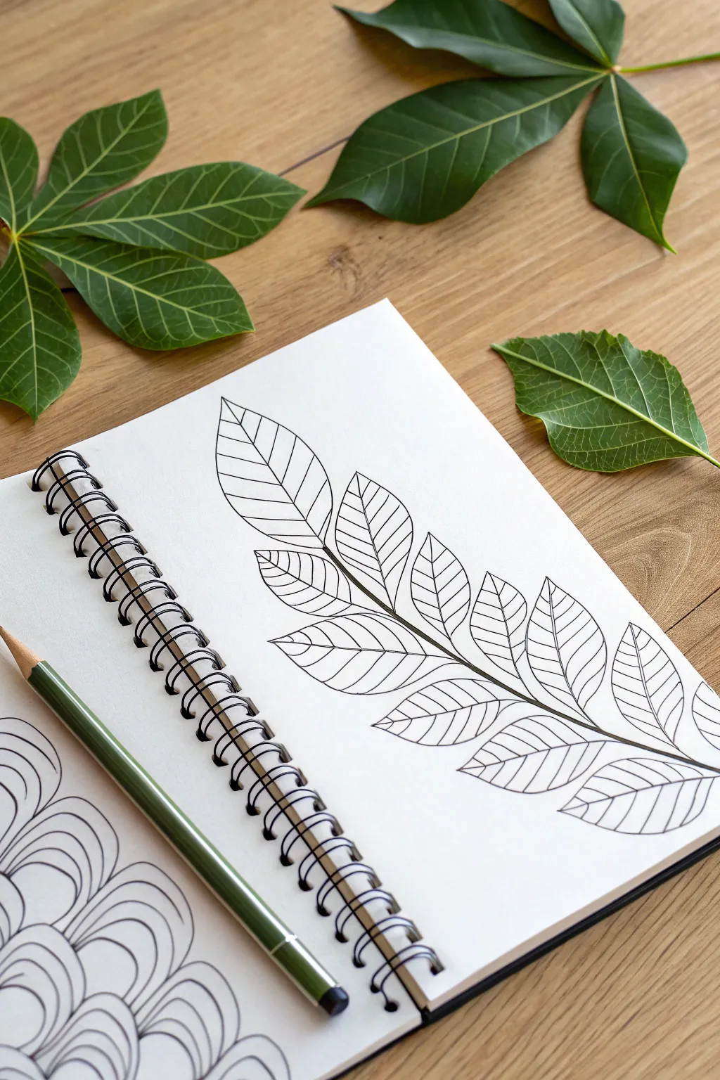Contour drawing without looking: one real leaf with a quirky continuous line beside a clean outline