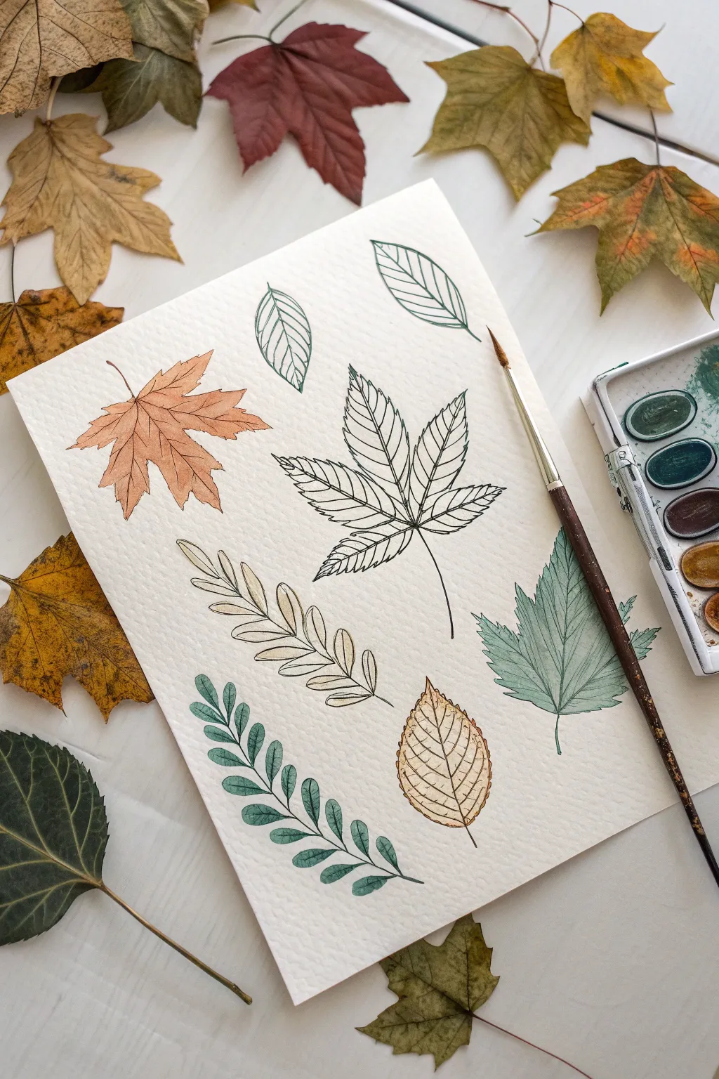 Ink-outlined leaves with airy watercolor fills, a calm minimalist craft moment on paper.