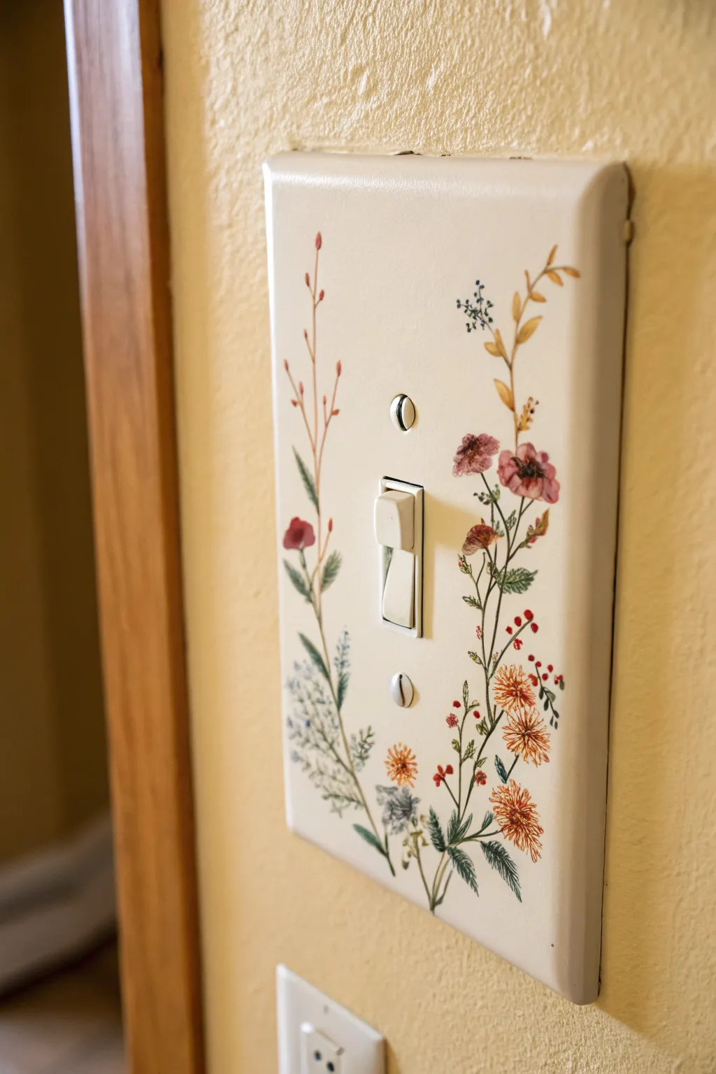 Mini floral corner bouquet turns a simple light switch into subtle Scandinavian-boho art.