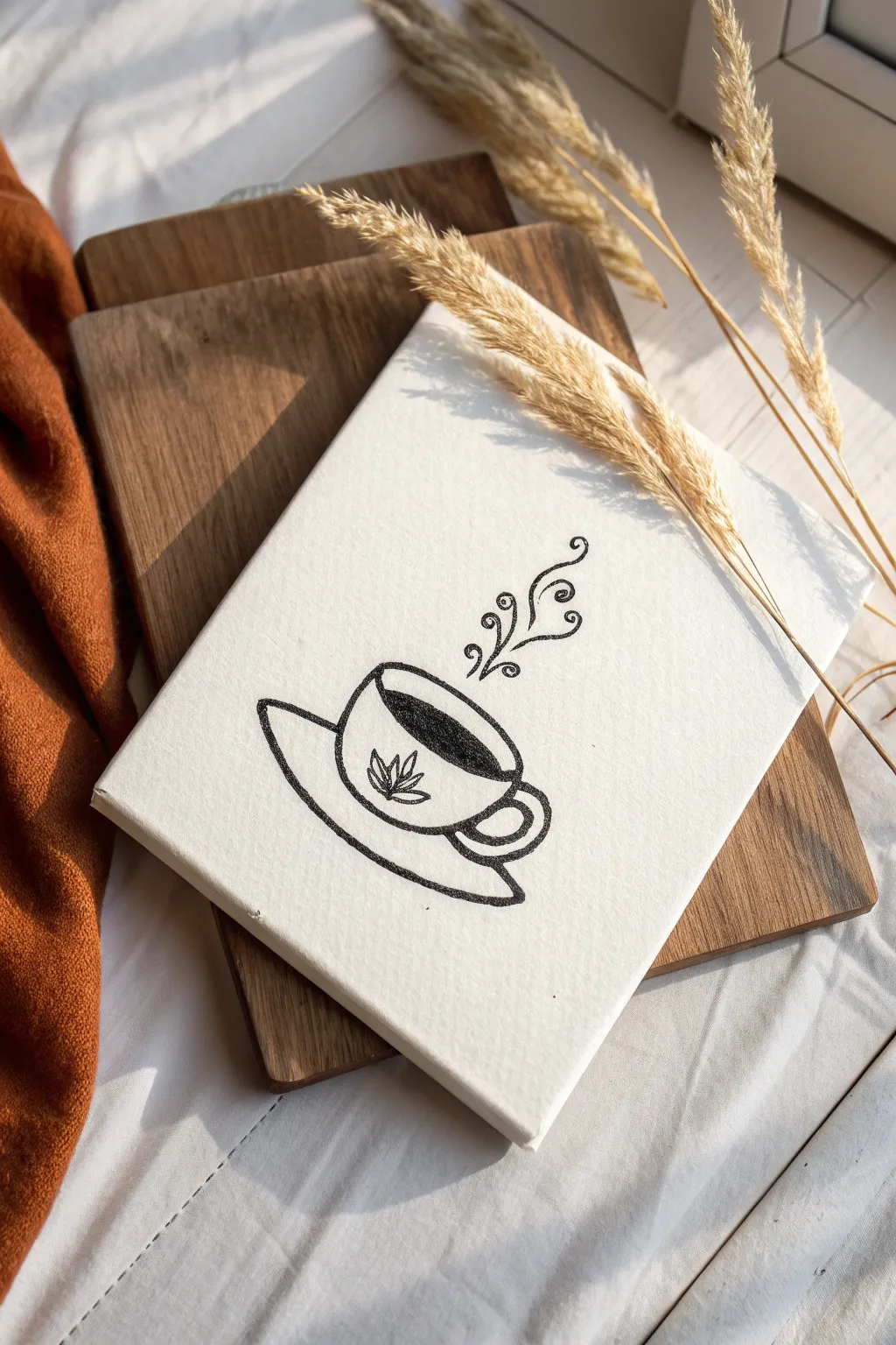 Minimal coffee cup line art over a warm terracotta block for cozy Scandinavian boho vibes