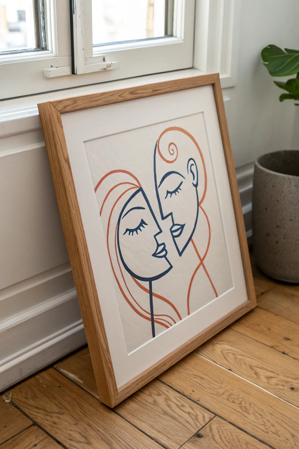 Abstract one-line couple hug in bold indigo with terracotta accent, minimal Scandinavian boho calm