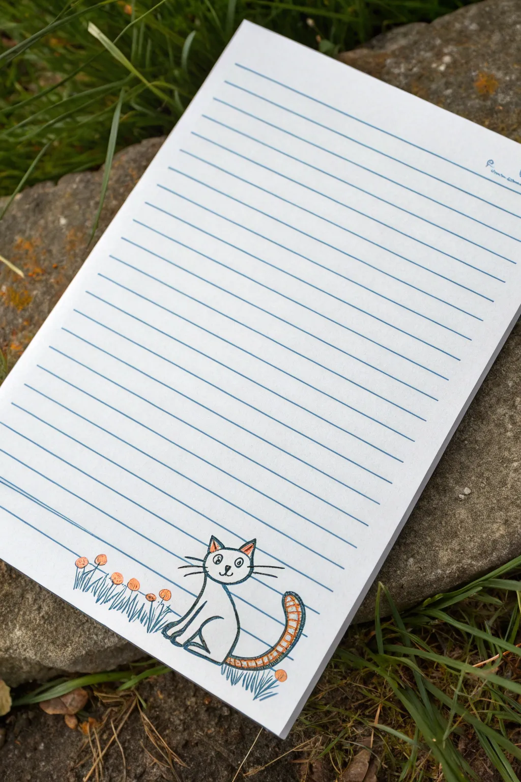 Cute cat slipping through notebook lines like blinds, a bold minimalist doodle for lined paper.