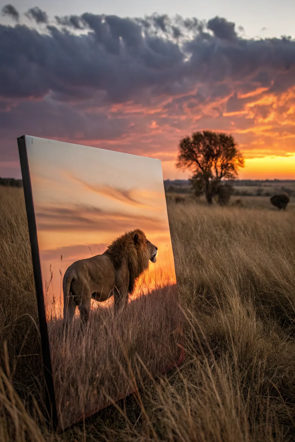 Minimalist boho lion at sunset with bold orange-to-purple skies and glowing rim-lit mane