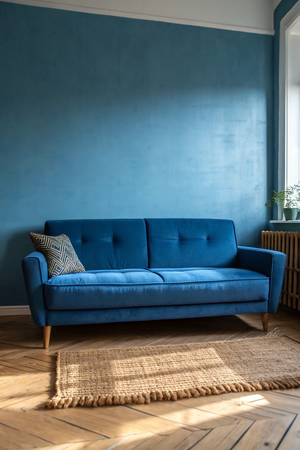 Blue-on-blue layering: matte walls and a plush sofa create rich tonal depth with calm contrast