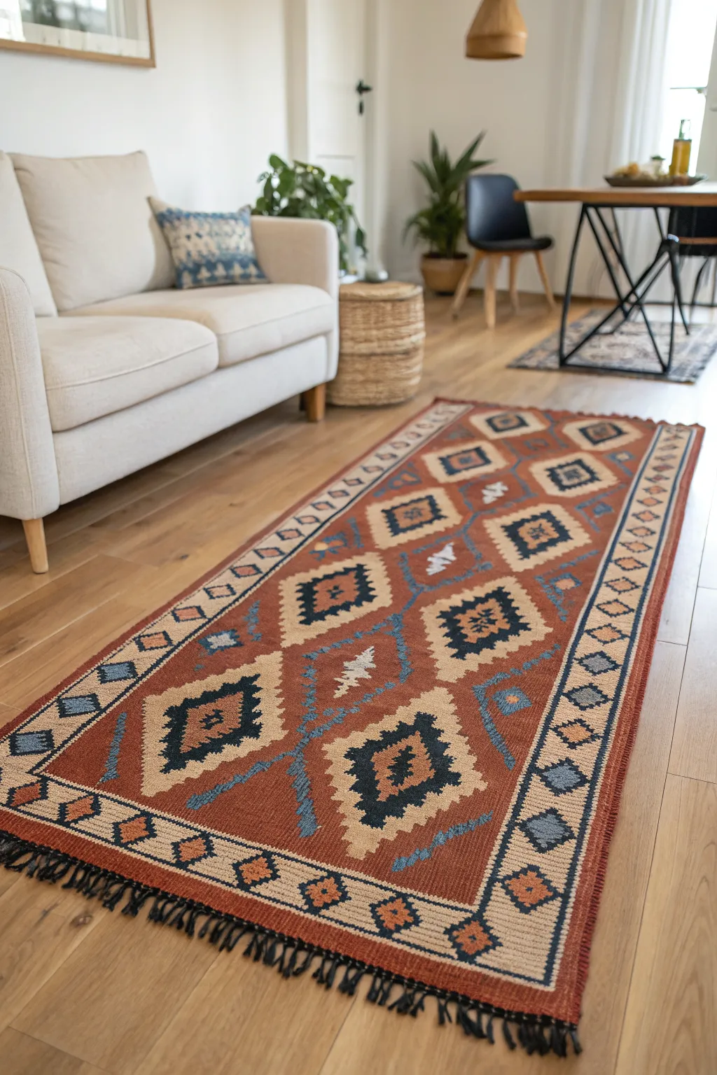 Define an open-concept living room instantly with one bold rug that sets the zone.