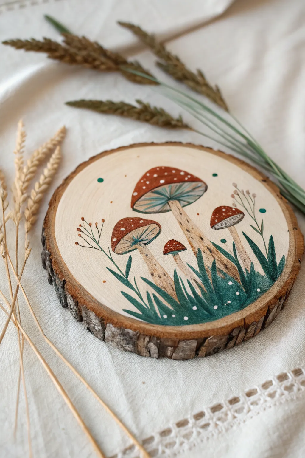 A tiny mushroom meadow on a wood slice, blending cozy earthy tones with bold minimalist contrast.