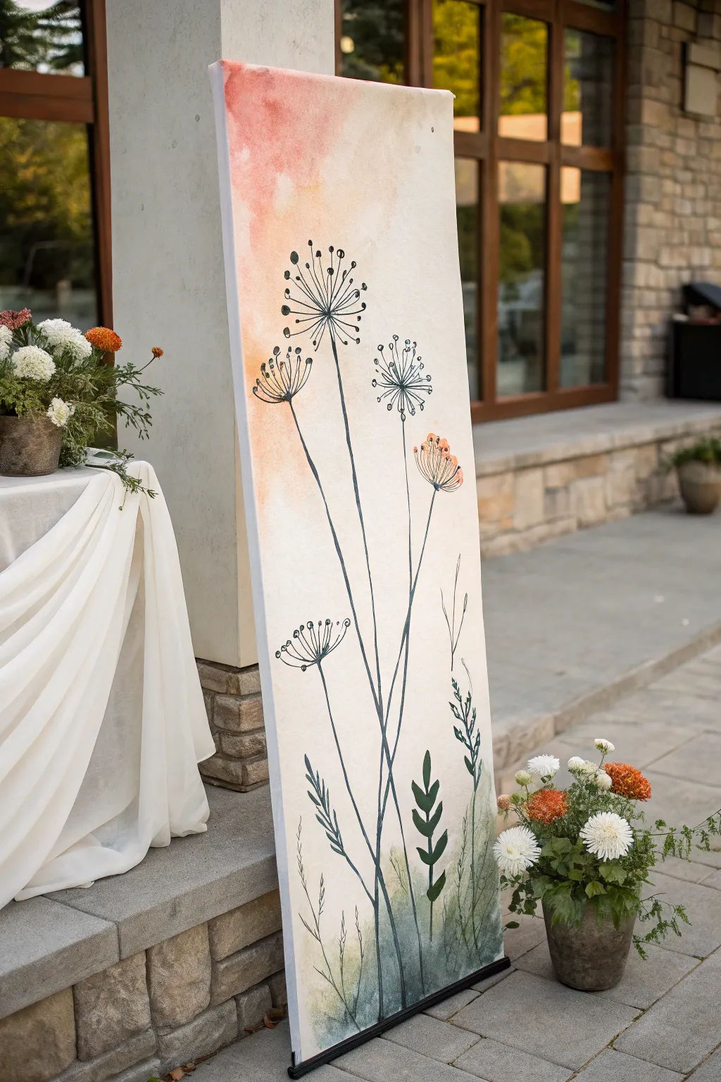 Tall minimal wildflower panel with airy wash, crisp lines, and bold boho color accents