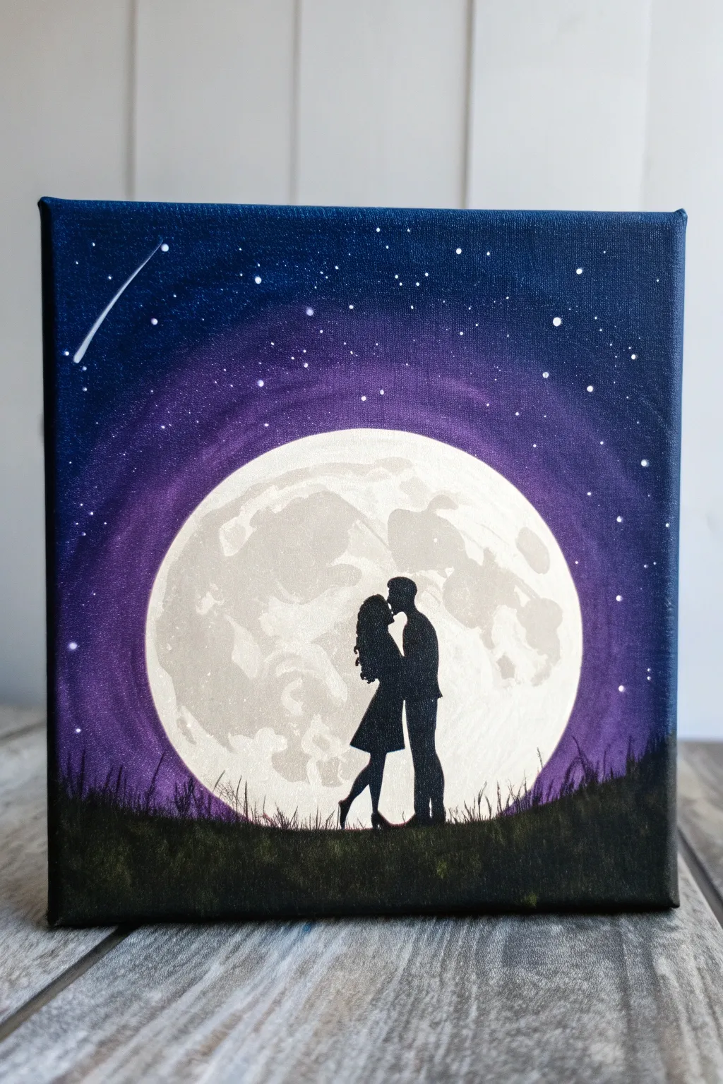 Moonlit couple silhouette on a glowing-moon canvas, deep indigo-violet stars, minimalist romance